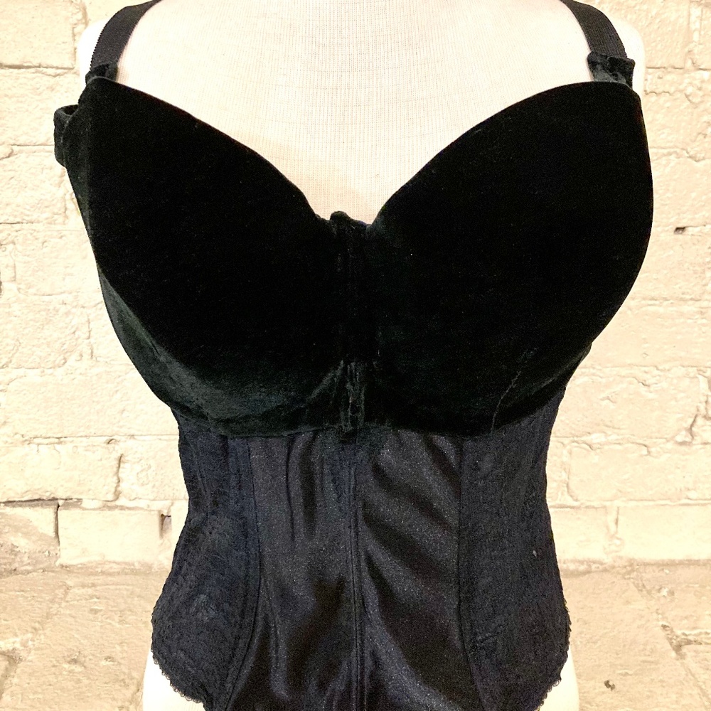 Vintage Burlesque Black Velvet Boned Bustier Corset Top!! Plus Size: L - XL